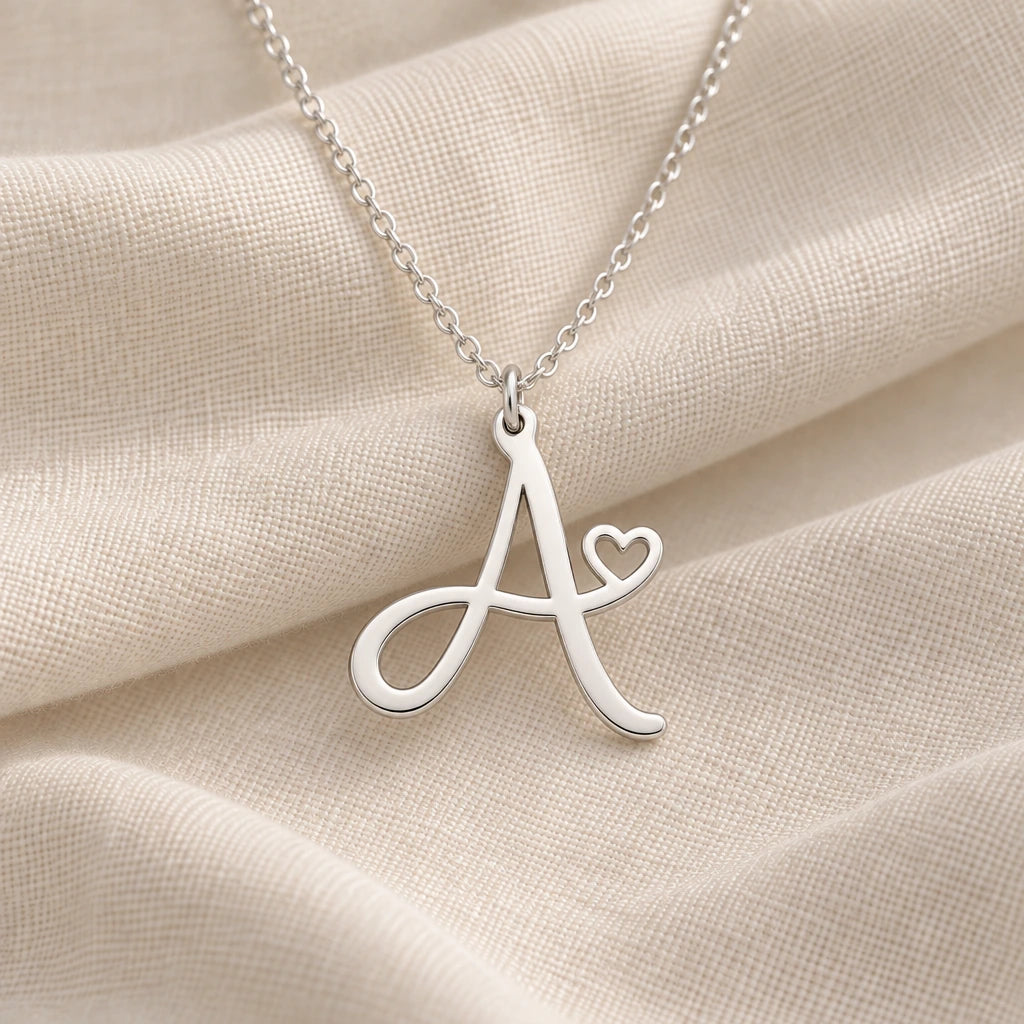 925 sterling silver a initial heart pendant necklace on softly folded cream linen