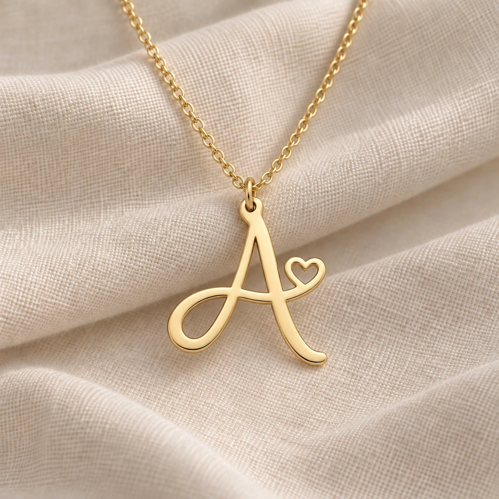 A Initial Heart pendant necklace in a warm gold finish on cream fabric