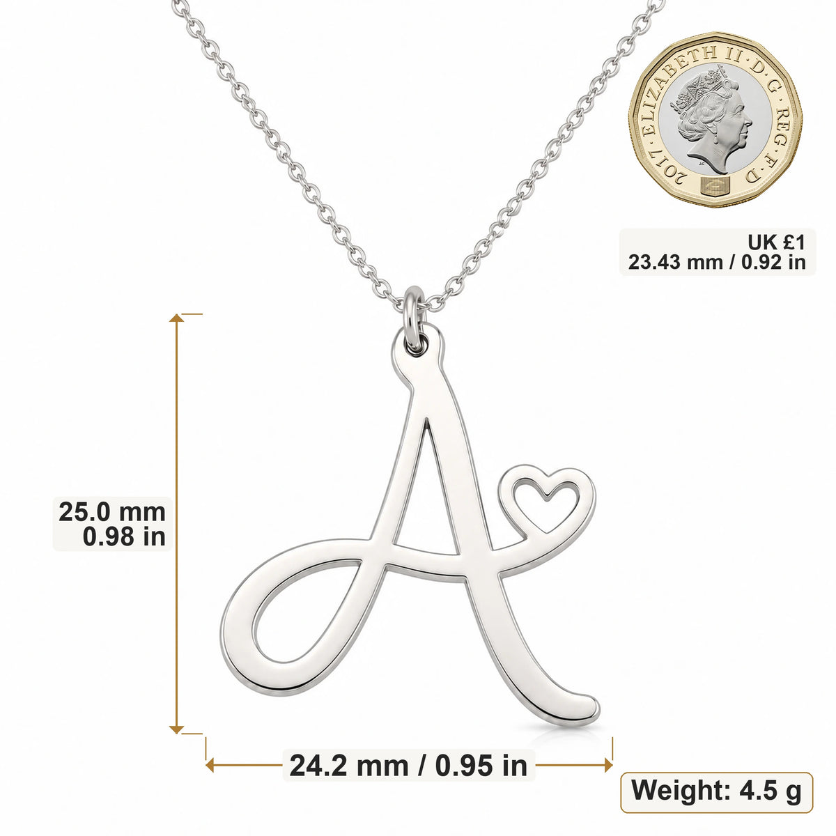 A Initial Heart pendant necklace size image showing 25 mm height and 24.2 mm width and 4.5 g weight