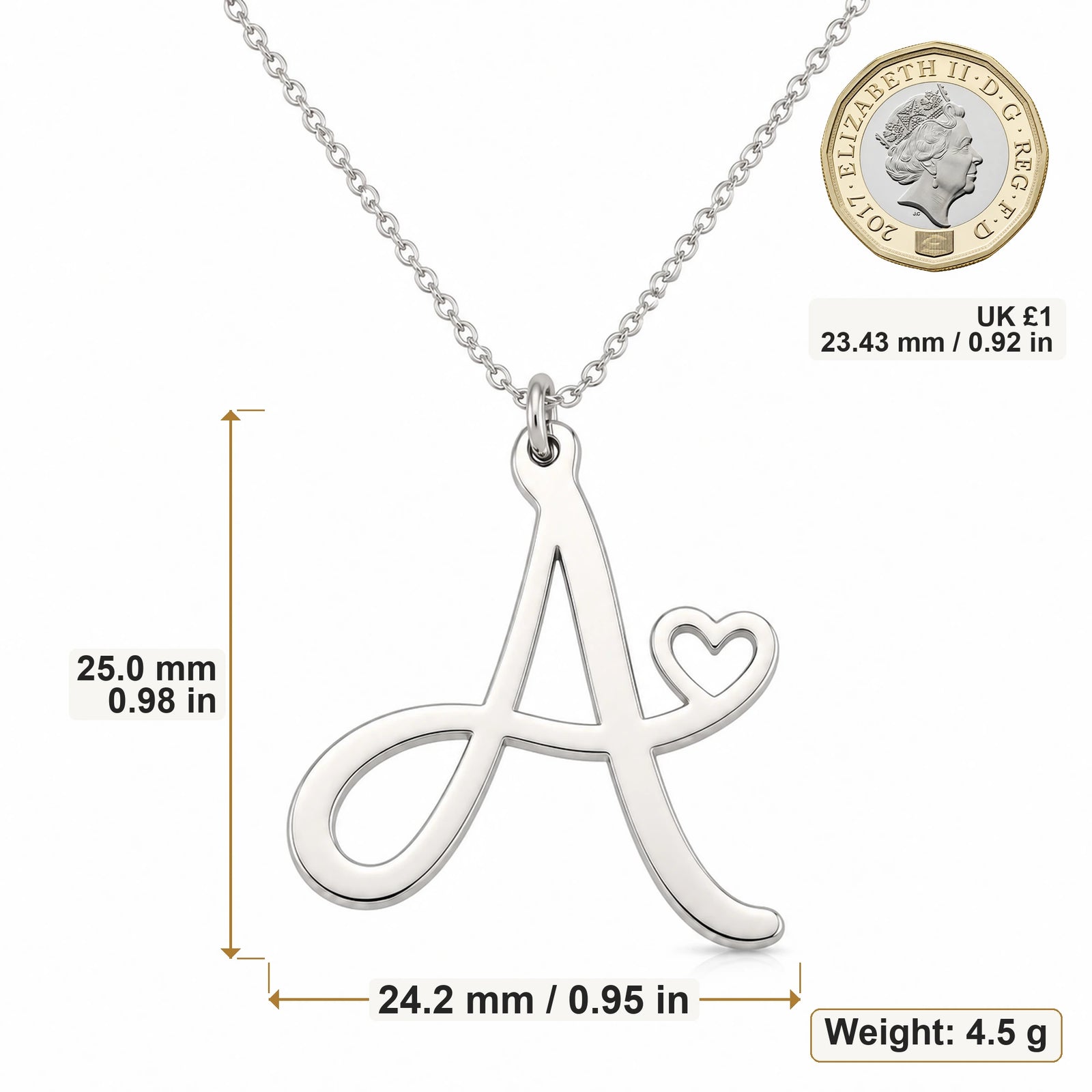 A Initial Heart pendant necklace size image showing 25 mm height and 24.2 mm width and 4.5 g weight