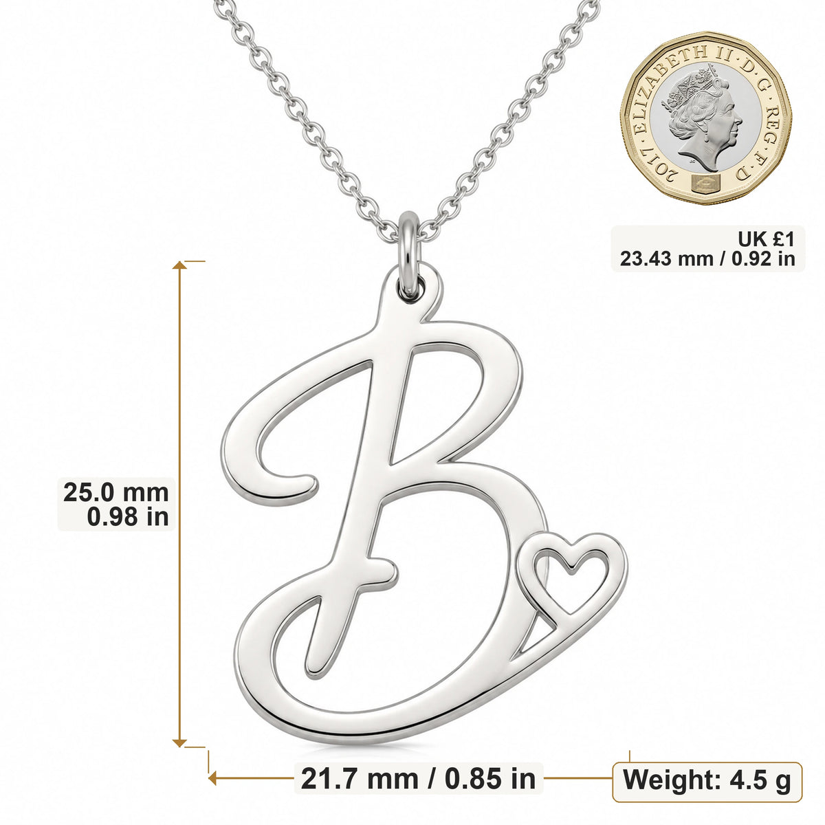B Initial Heart pendant necklace size image showing 25 mm height and 21.7 mm width and 4.5 g weight