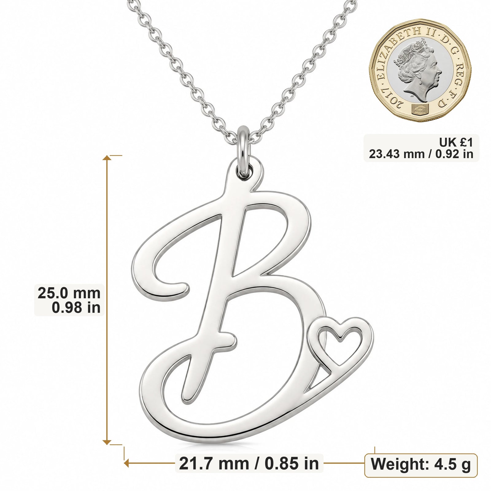 B Initial Heart pendant necklace size image showing 25 mm height and 21.7 mm width and 4.5 g weight