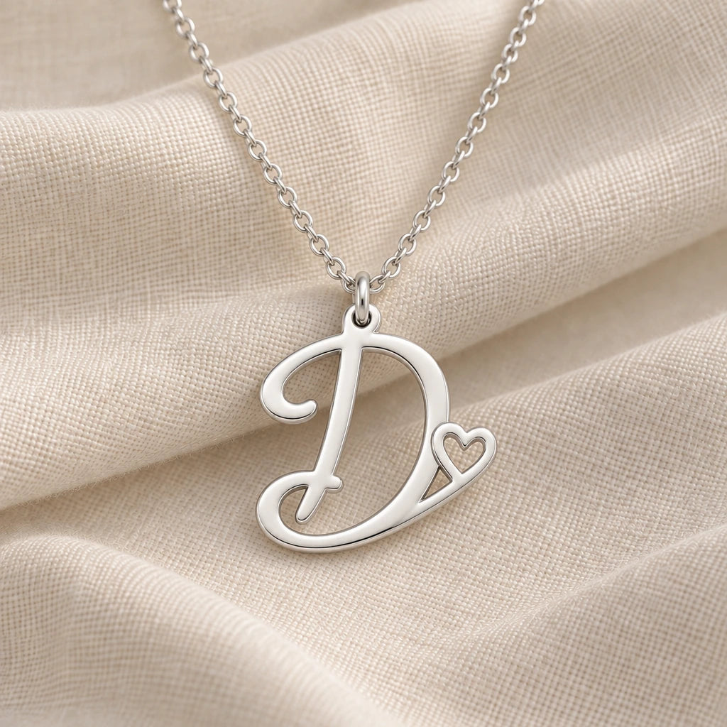 925 sterling silver d initial heart pendant necklace on softly folded cream linen