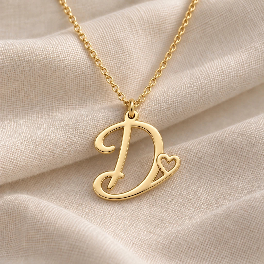 D Initial Heart pendant necklace in a warm gold finish on cream fabric