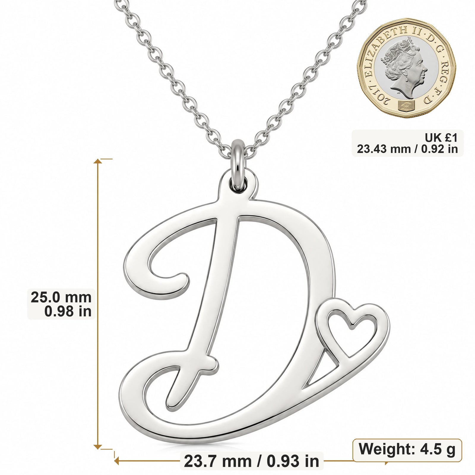 D Initial Heart pendant necklace size image showing 25 mm height and 23.7 mm width and 4.5 g weight