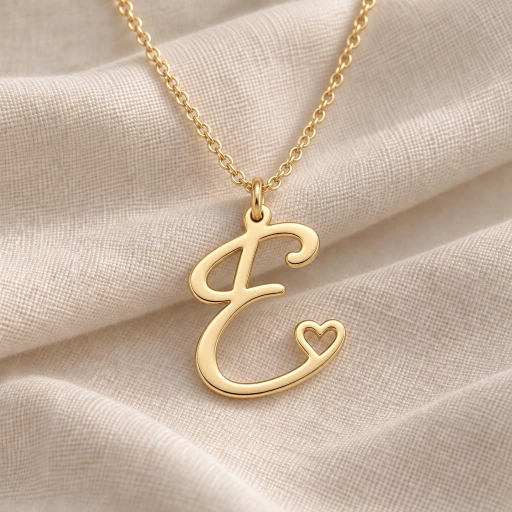E Initial Heart pendant necklace in a warm gold finish on cream fabric
