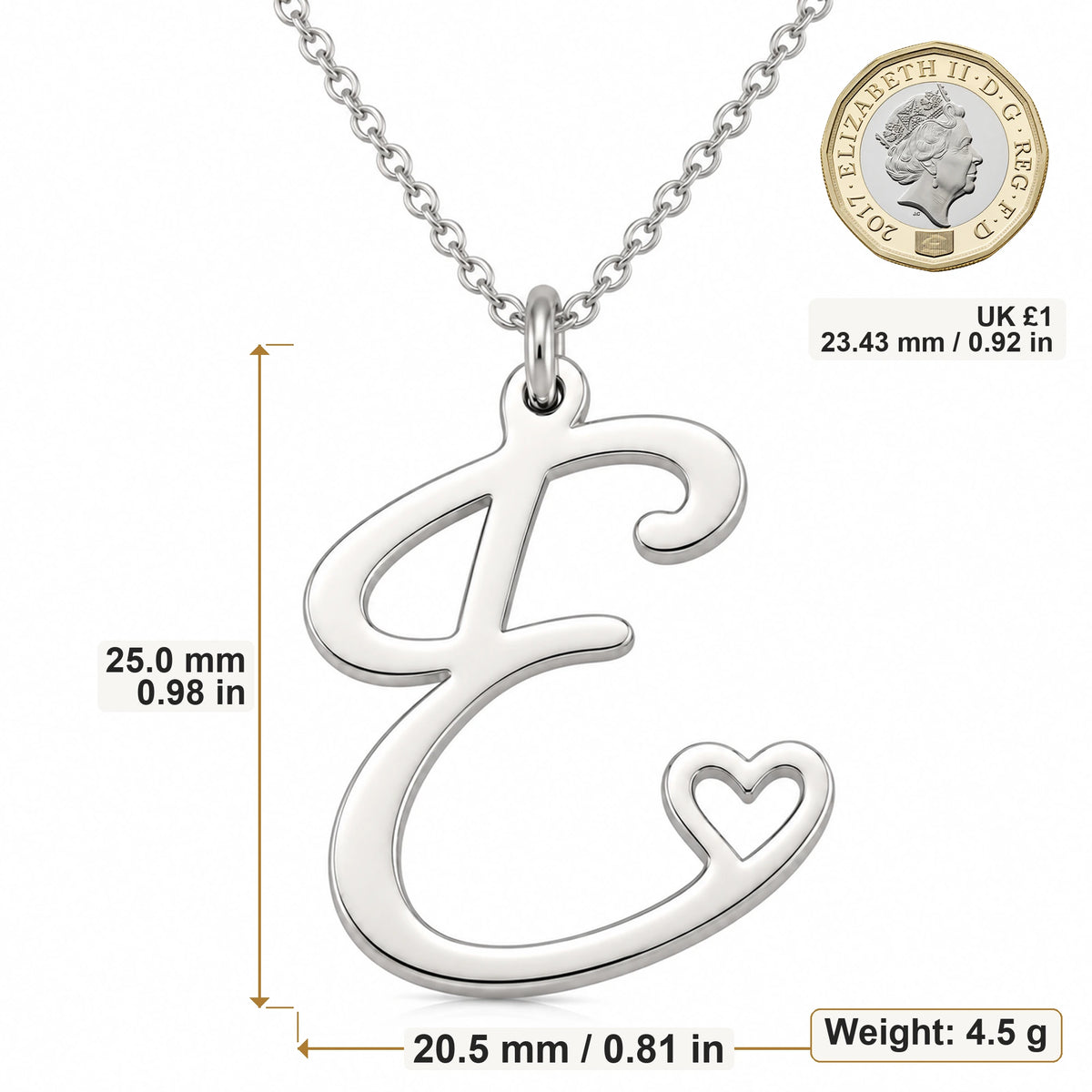 E Initial Heart pendant necklace size image showing 25 mm height and 20.5 mm width and 4.5 g weight