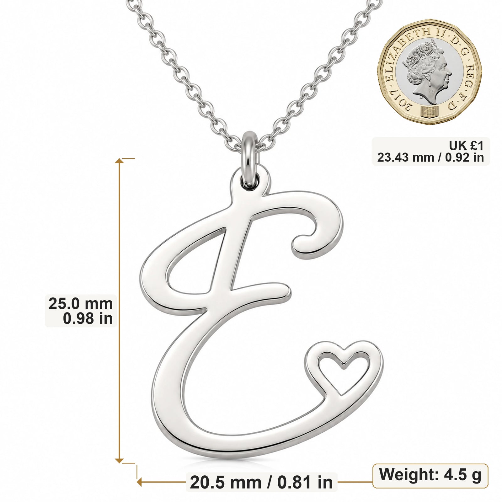 E Initial Heart pendant necklace size image showing 25 mm height and 20.5 mm width and 4.5 g weight