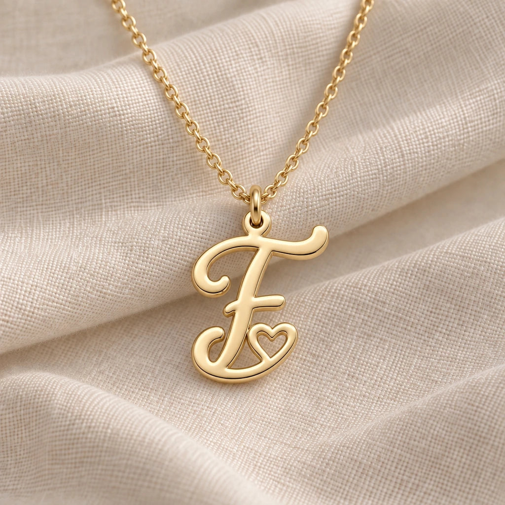 F Initial Heart pendant necklace in a warm gold finish on cream fabric