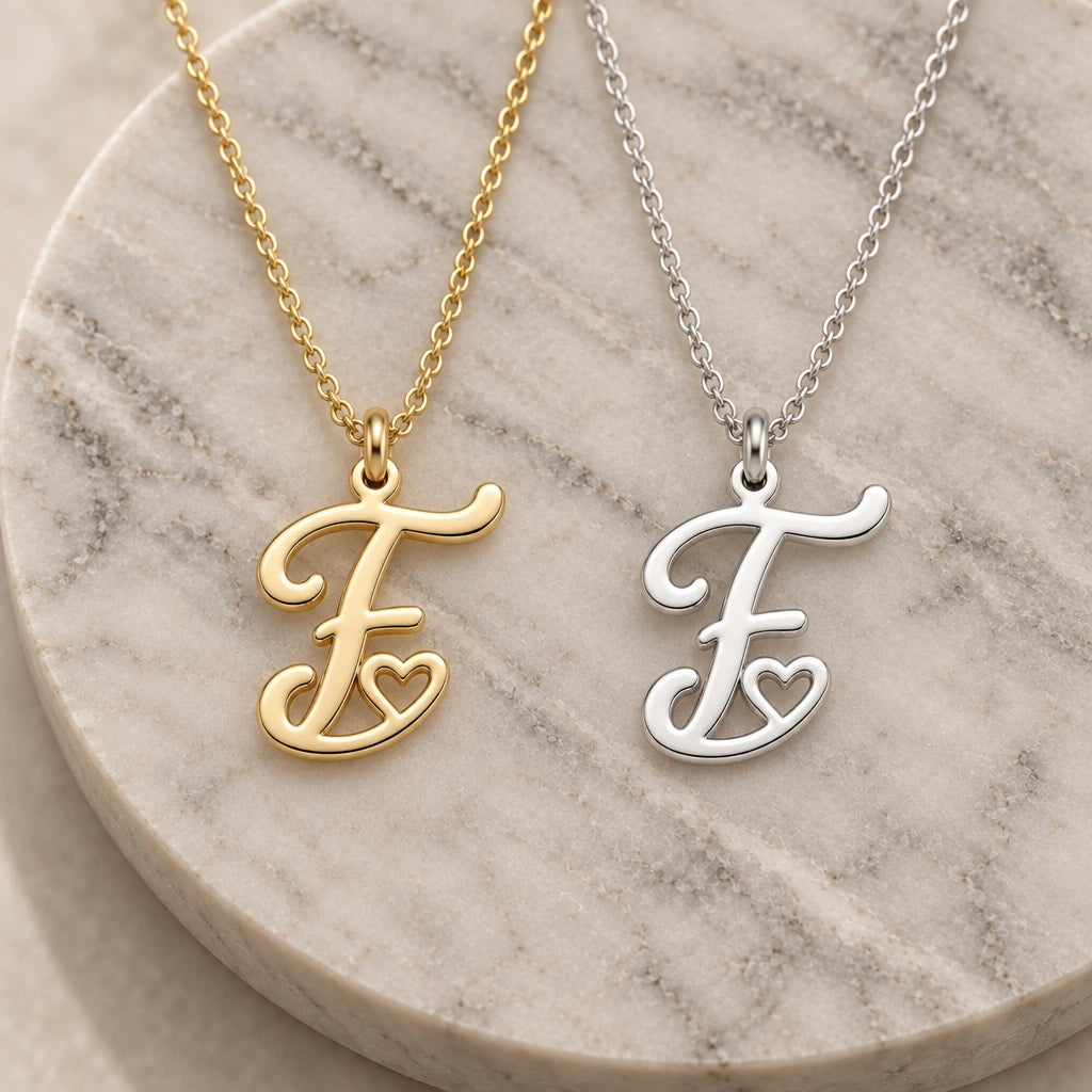 Silver and gold f initial heart pendant necklaces side by side on marble