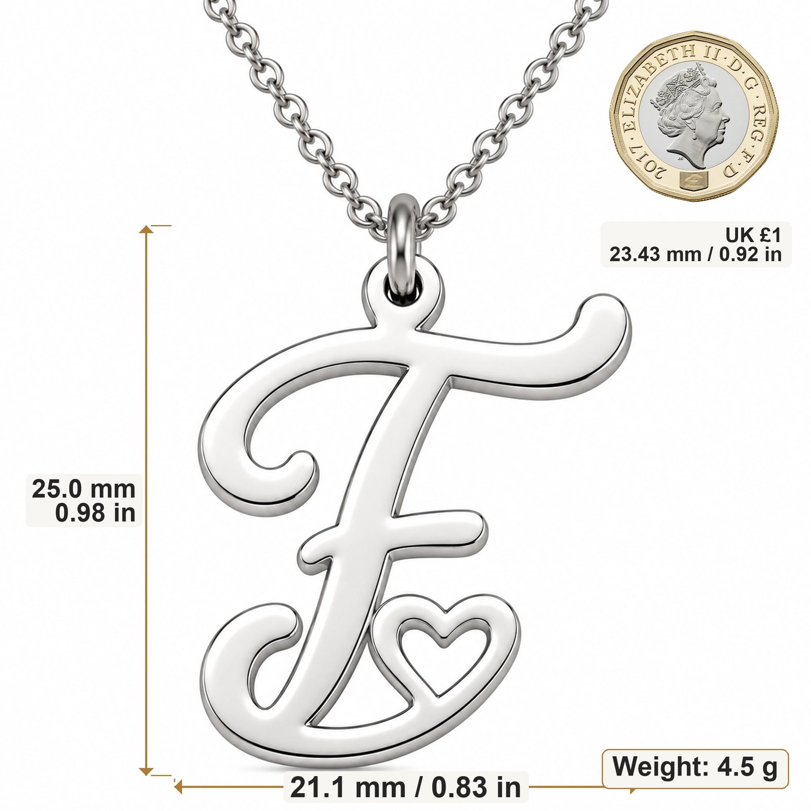 F Initial Heart pendant necklace size image showing 25 mm height and 21.1 mm width and 4.5 g weight