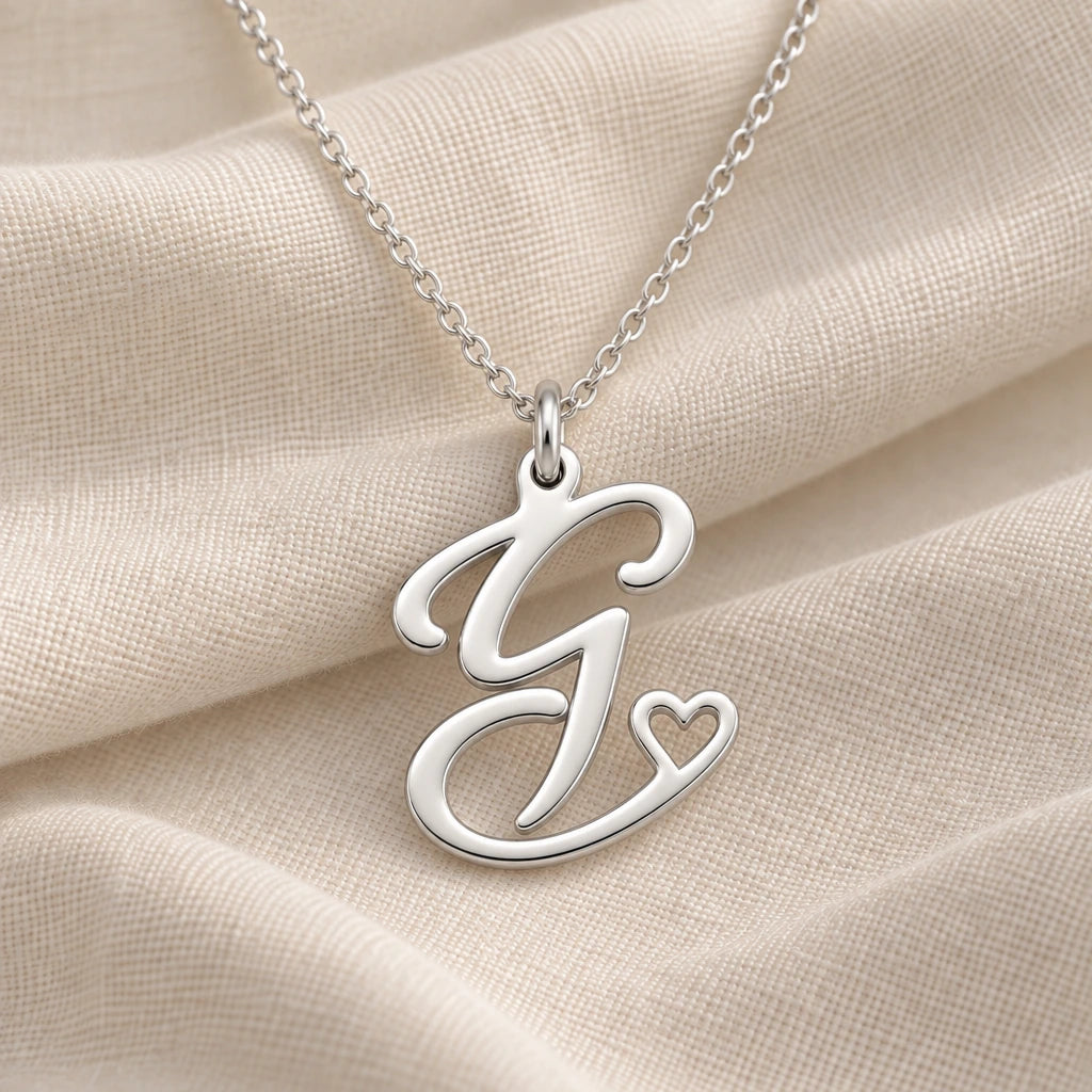 925 sterling silver g initial heart pendant necklace on softly folded cream linen