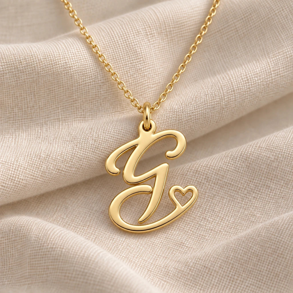 G Initial Heart pendant necklace in a warm gold finish on cream fabric
