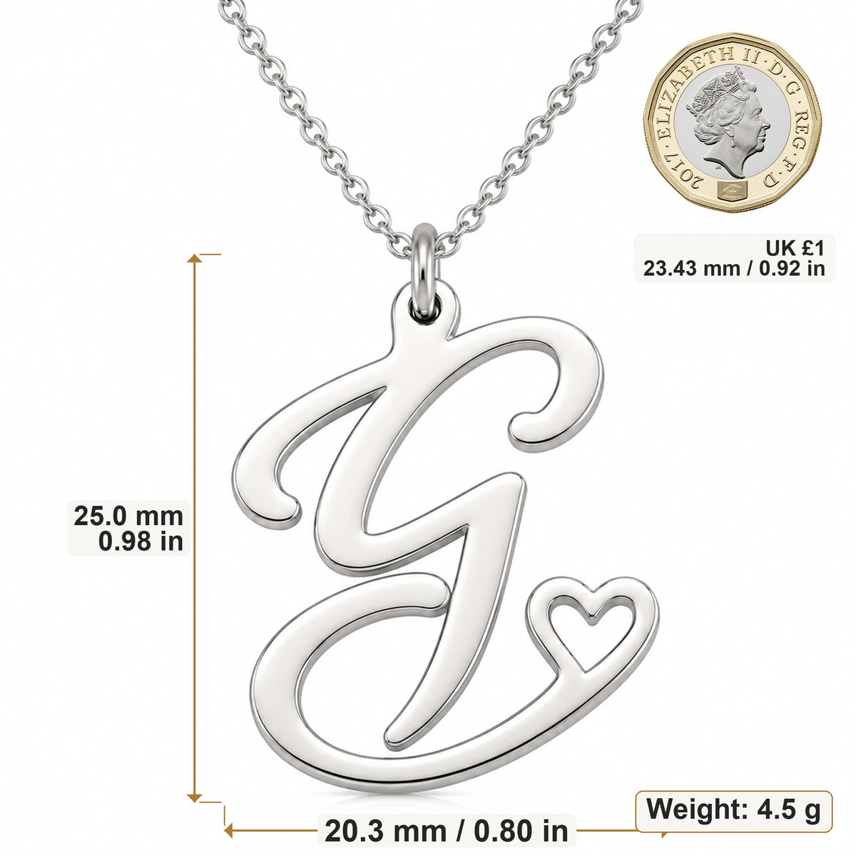 G Initial Heart pendant necklace size image showing 25 mm height and 20.3 mm width and 4.5 g weight