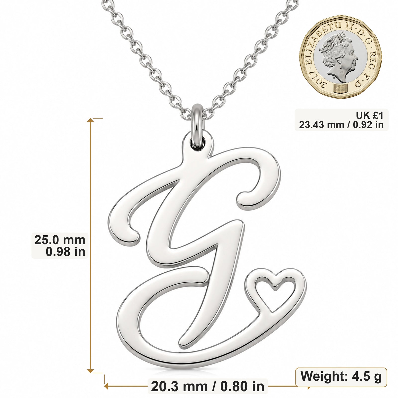 G Initial Heart pendant necklace size image showing 25 mm height and 20.3 mm width and 4.5 g weight
