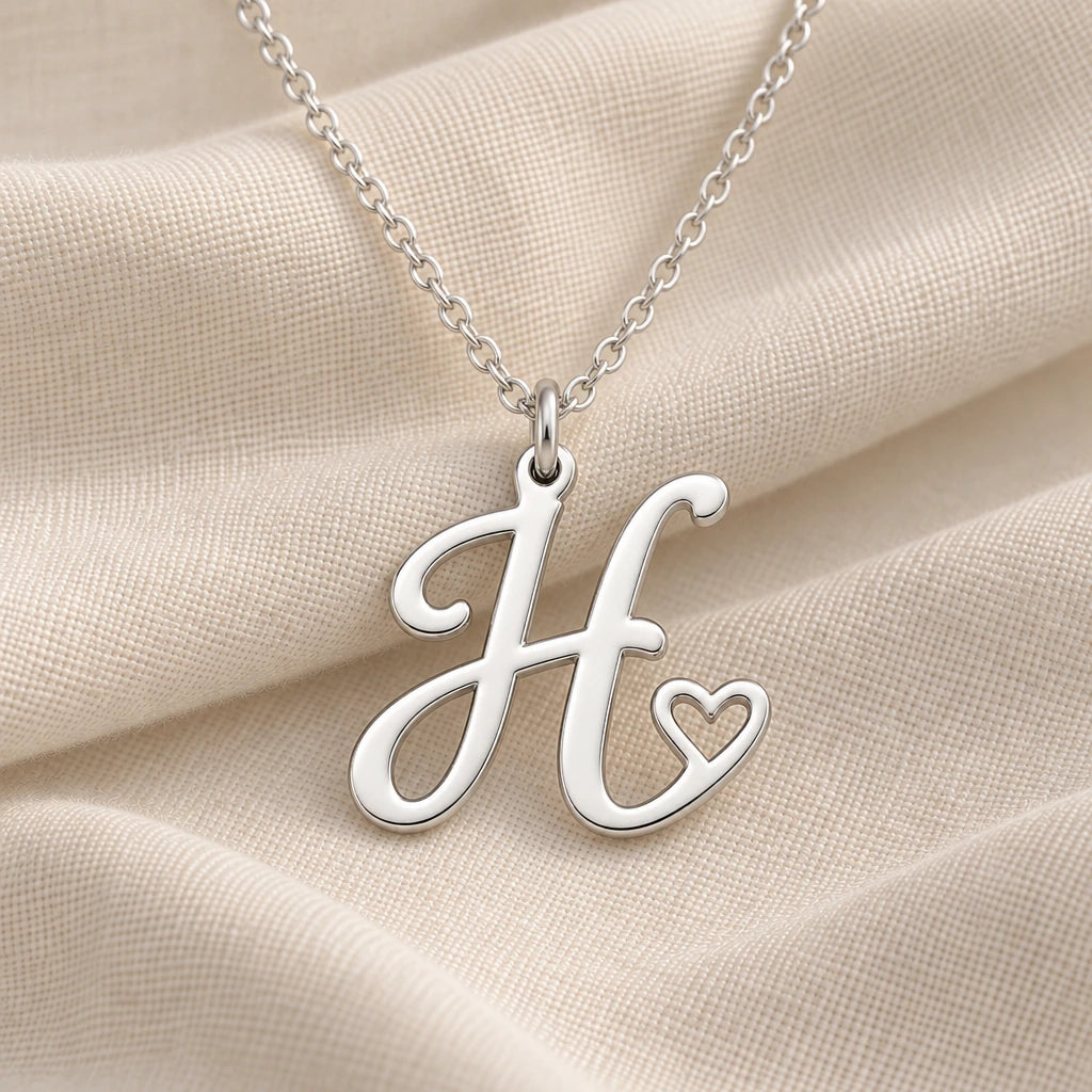 925 sterling silver h initial heart pendant necklace on softly folded cream linen