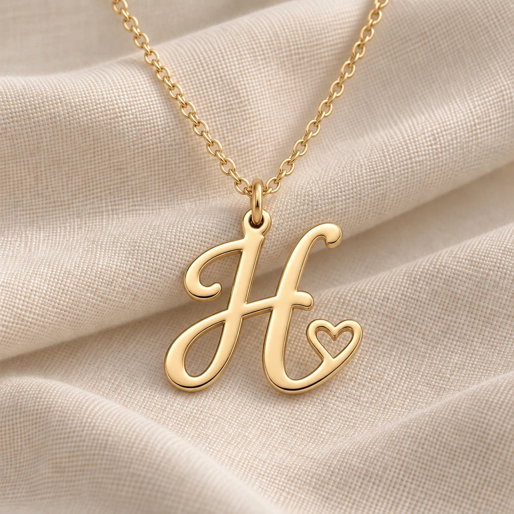 H Initial Heart pendant necklace in a warm gold finish on cream fabric