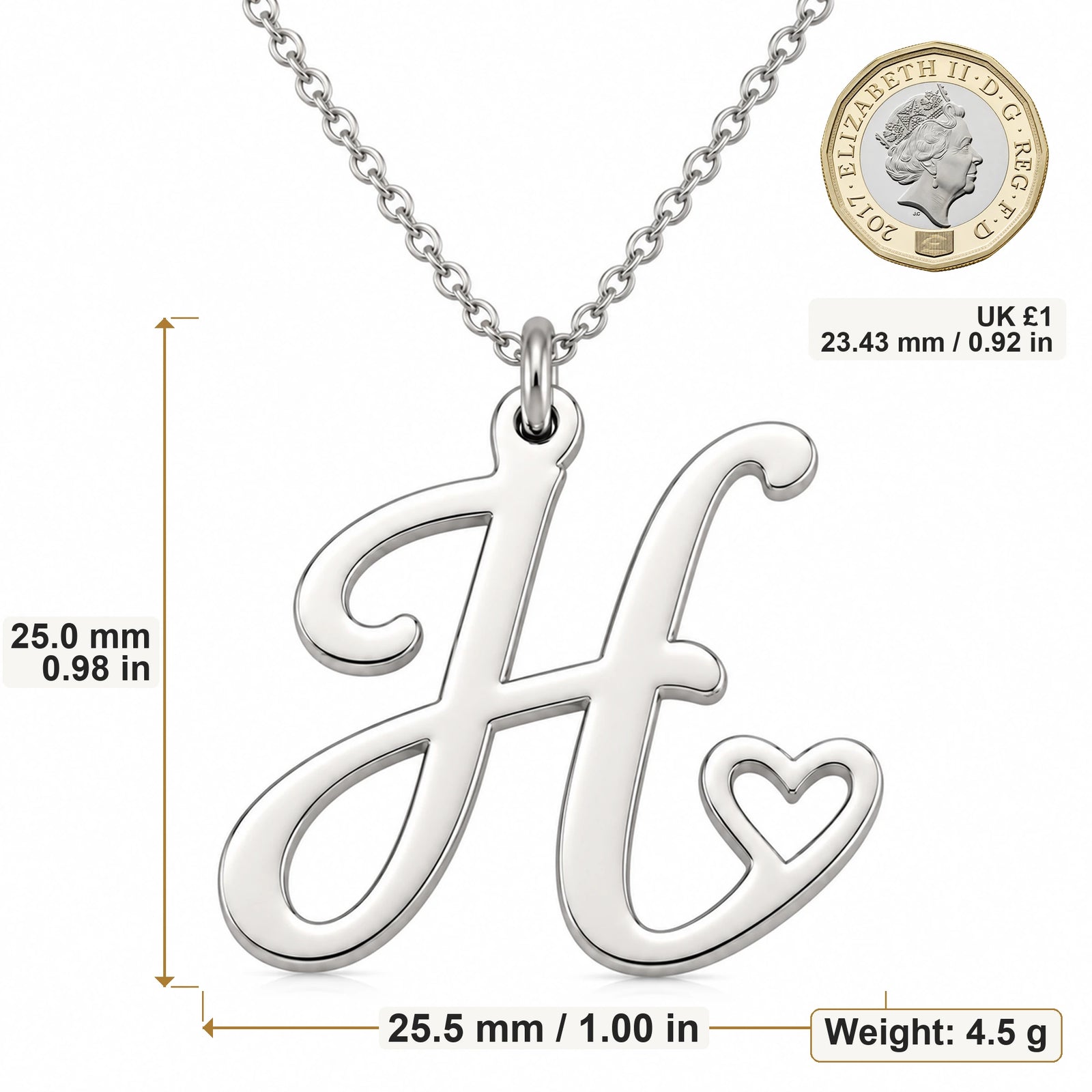 H Initial Heart pendant necklace size image showing 25 mm height and 25.5 mm width and 4.5 g weight
