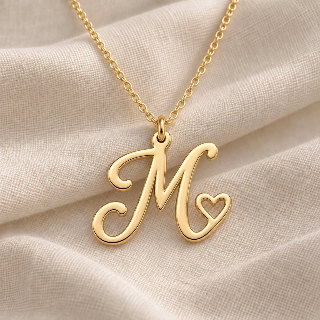 M Initial Heart pendant necklace in a warm gold finish on cream fabric