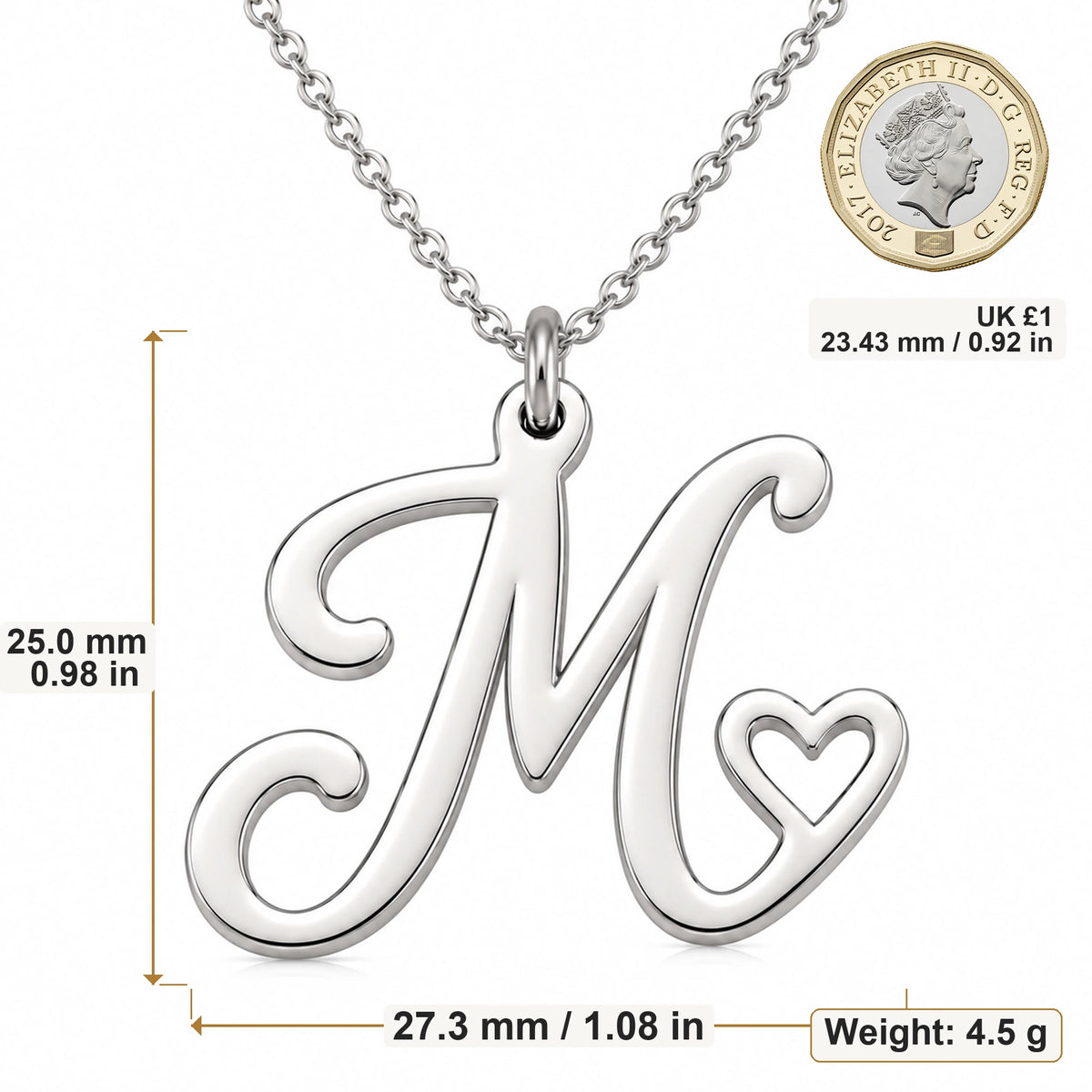 M Initial Heart pendant necklace size image showing 25 mm height and 27.3 mm width and 4.5 g weight