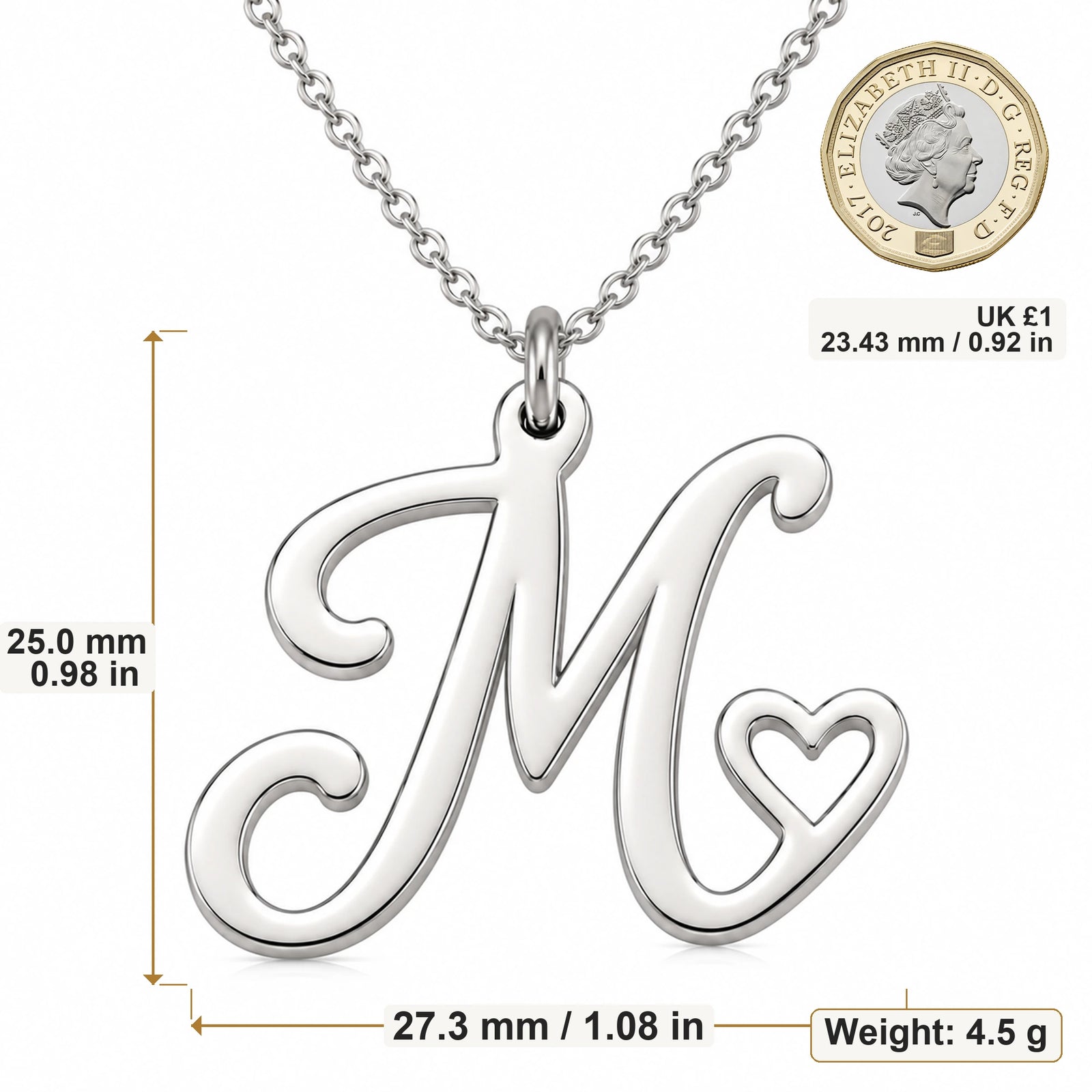 M Initial Heart pendant necklace size image showing 25 mm height and 27.3 mm width and 4.5 g weight