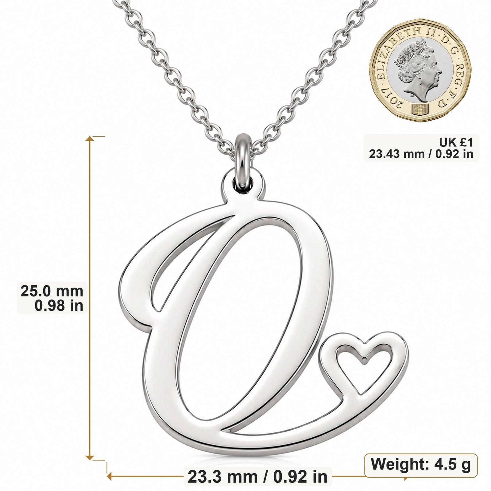 O Initial Heart pendant necklace size image showing 25 mm height and 23.3 mm width and 4.5 g weight