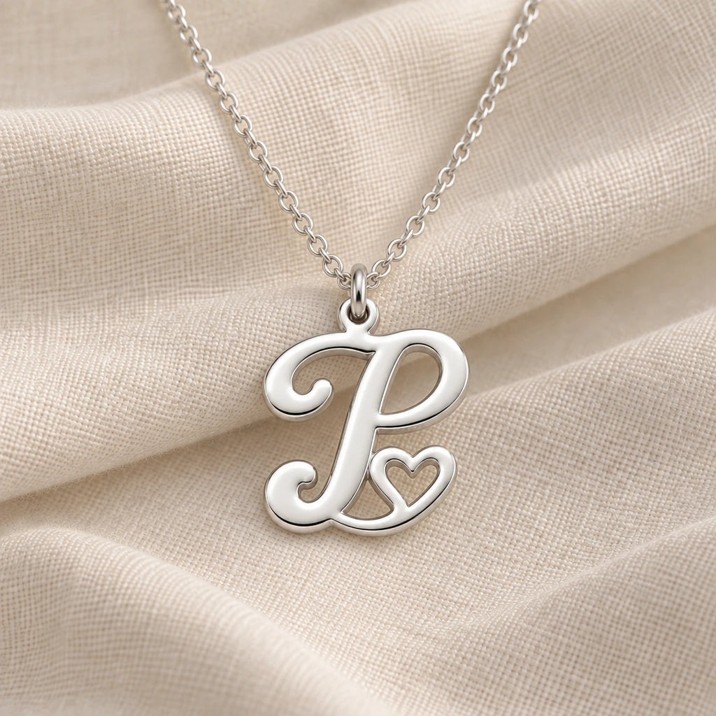 925 sterling silver p initial heart pendant necklace on softly folded cream linen