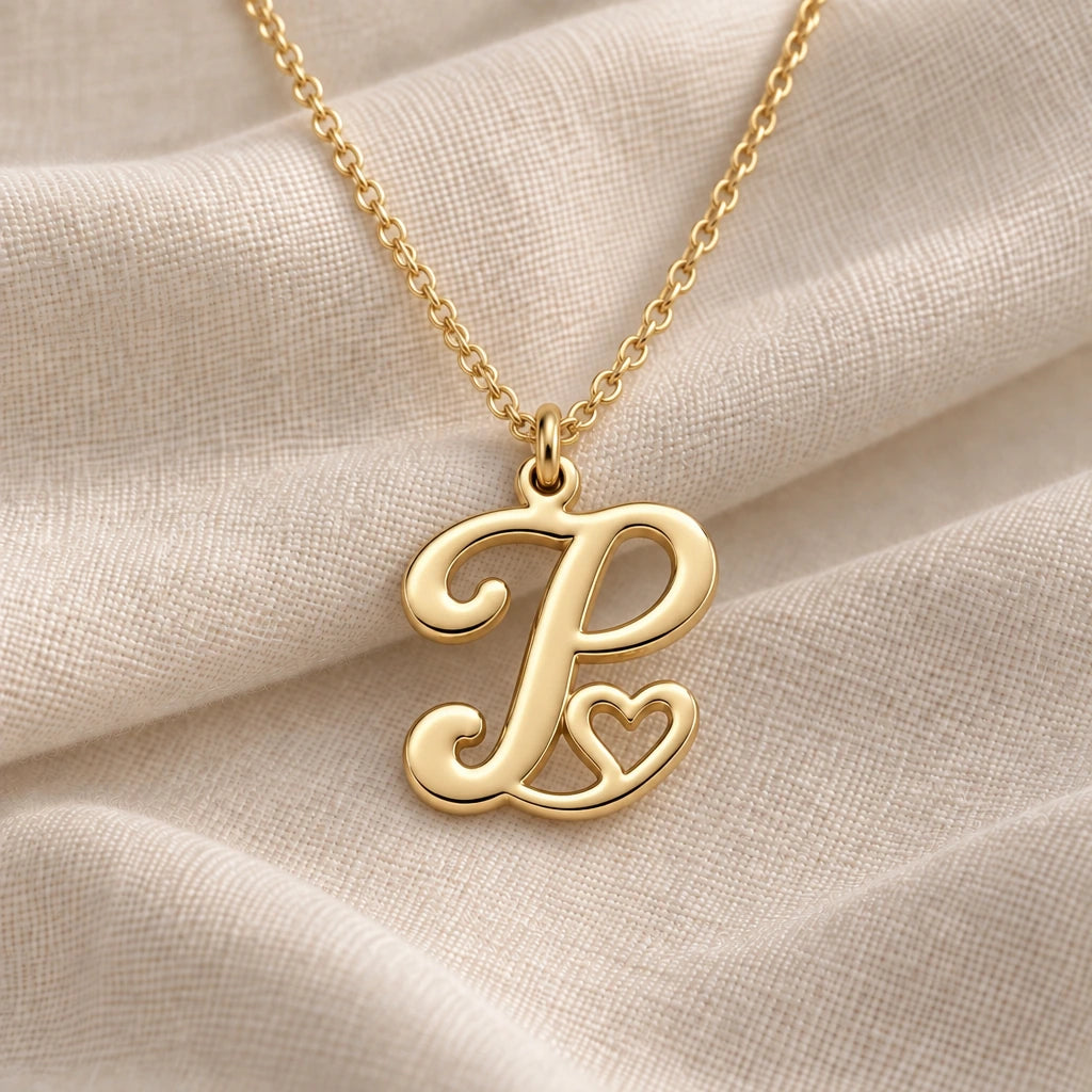 P Initial Heart pendant necklace in a warm gold finish on cream fabric
