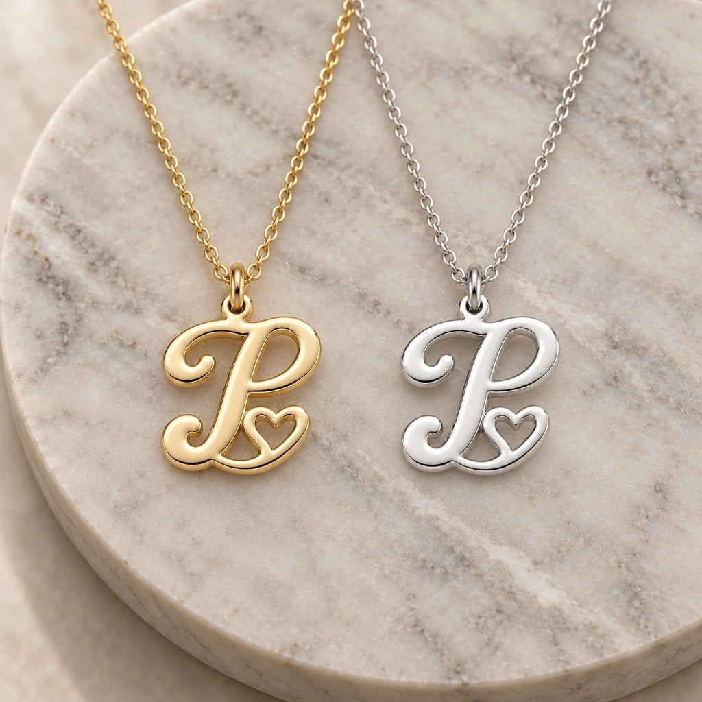 Silver and gold p initial heart pendant necklaces side by side on marble
