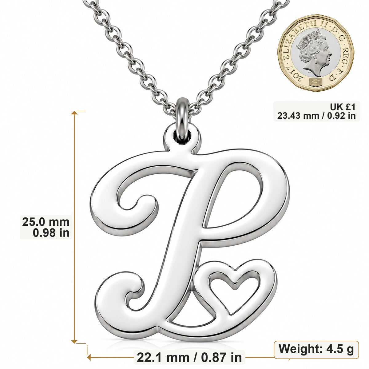 P Initial Heart pendant necklace size image showing 25 mm height and 22.1 mm width and 4.5 g weight