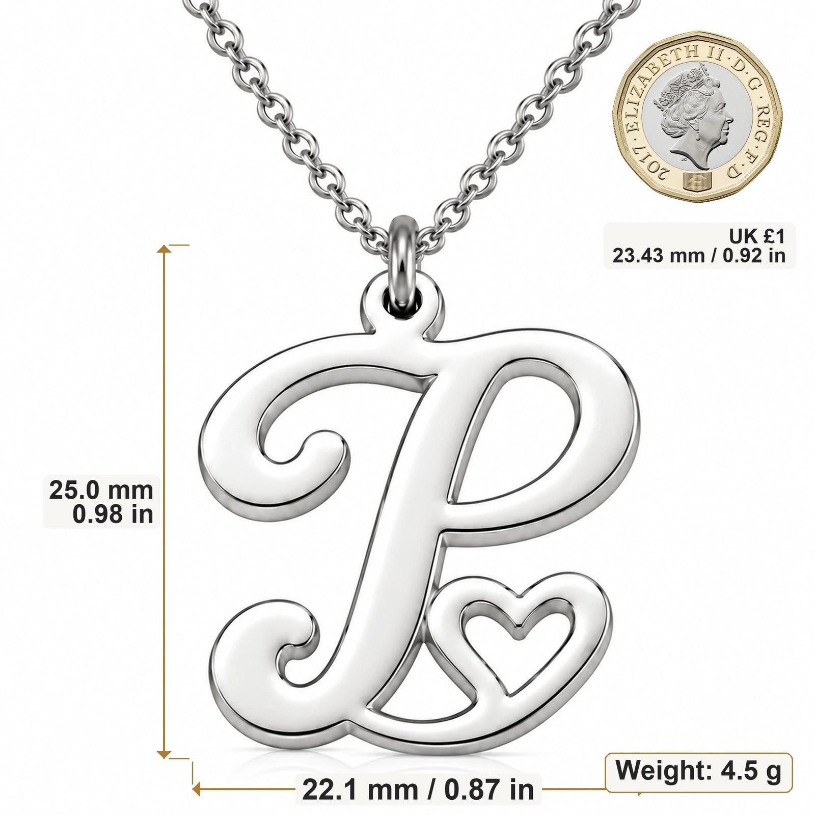 P Initial Heart pendant necklace size image showing 25 mm height and 22.1 mm width and 4.5 g weight