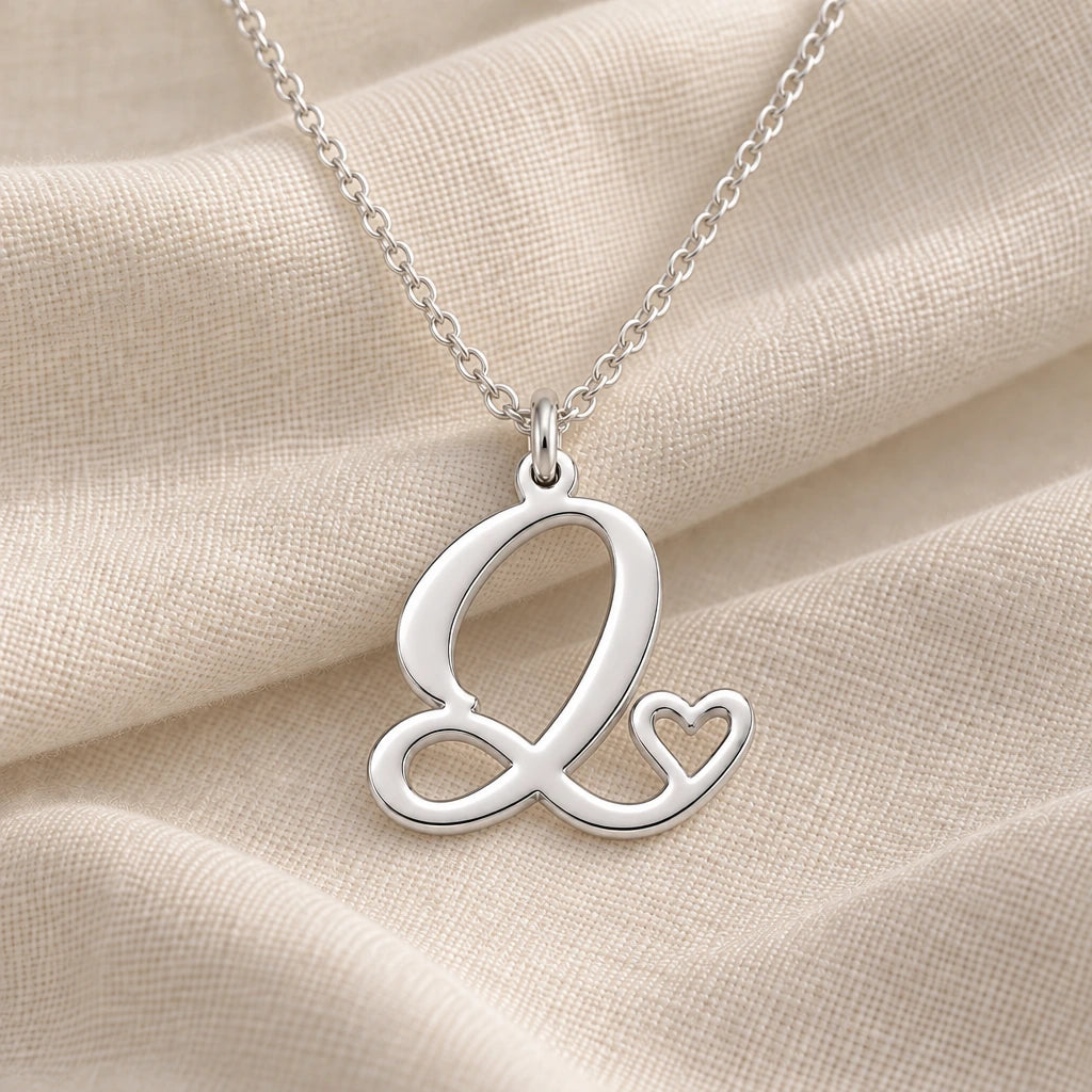 925 sterling silver q initial heart pendant necklace on softly folded cream linen