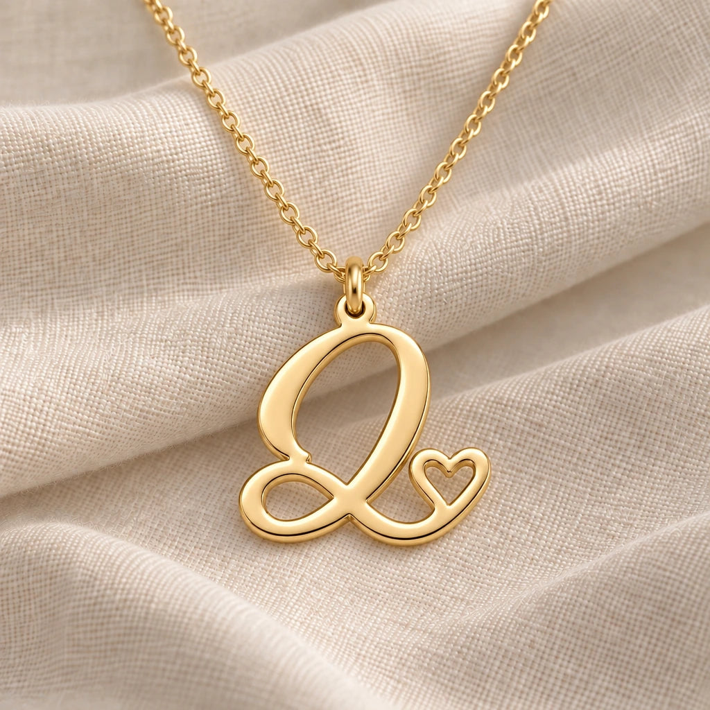 Q Initial Heart pendant necklace in a warm gold finish on cream fabric
