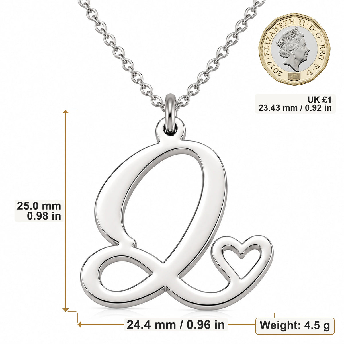 Q Initial Heart pendant necklace size image showing 25 mm height and 24.4 mm width and 4.5 g weight