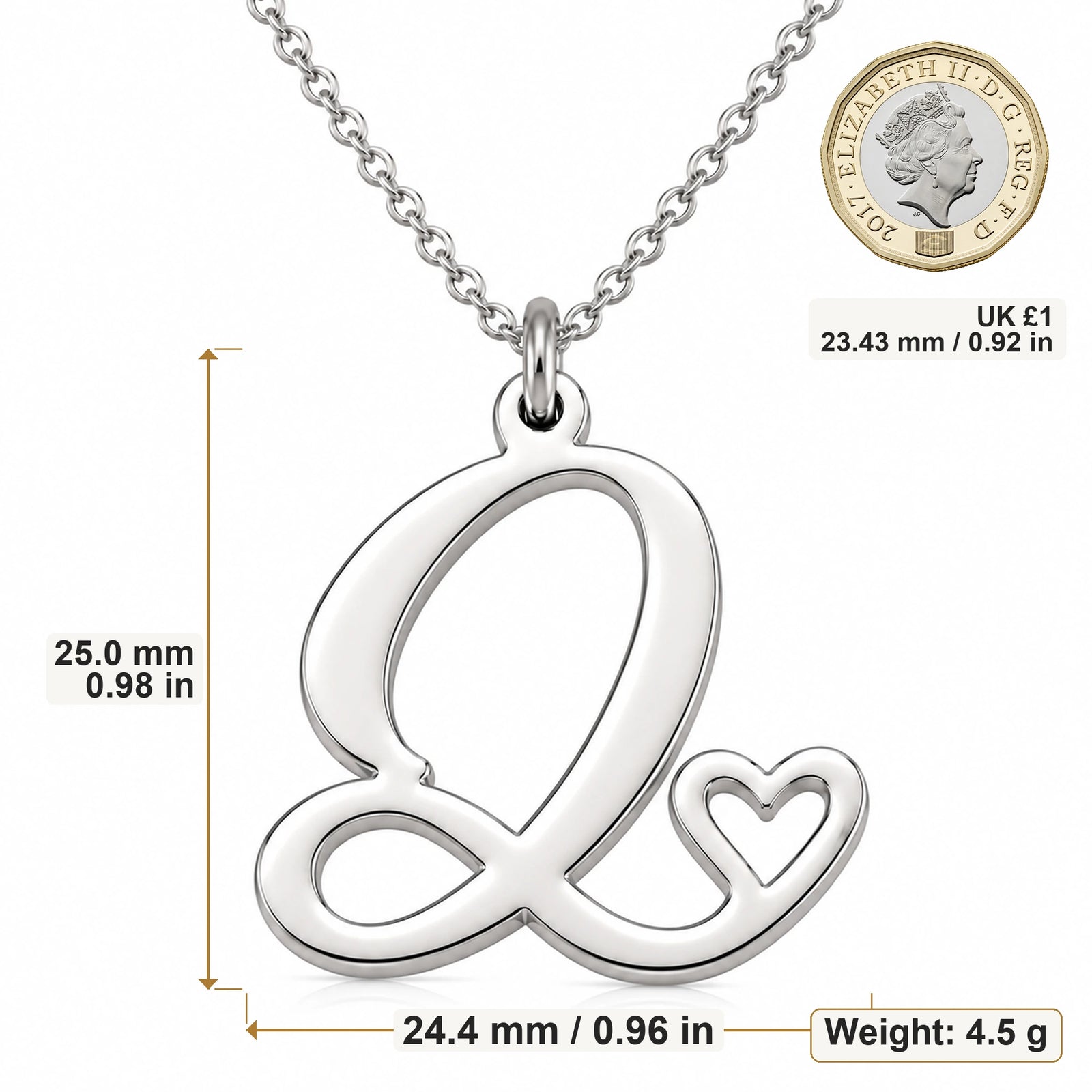Q Initial Heart pendant necklace size image showing 25 mm height and 24.4 mm width and 4.5 g weight