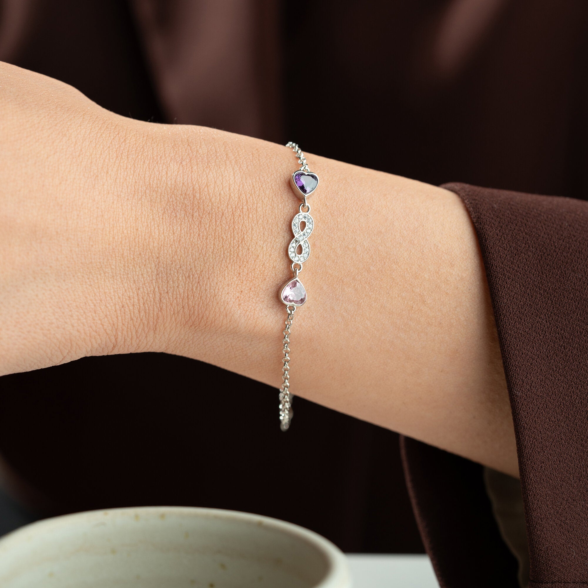 Infinity Bracelet with Heart Birthstones