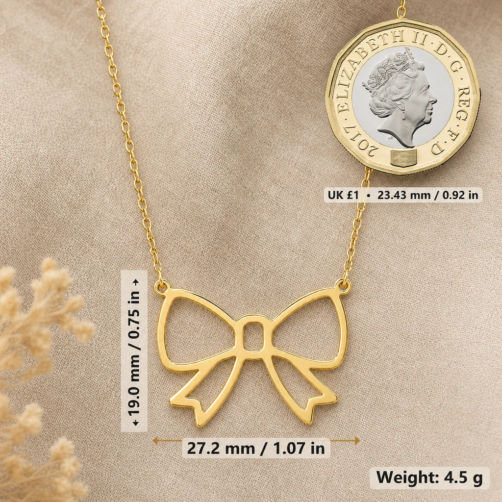Bow Pendant Necklace size guide, 19 by 27.2 mm