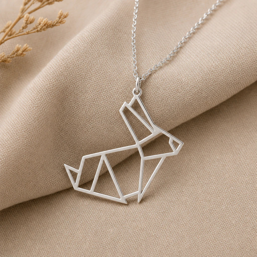 Origami Bunny Rabbit Pendant Necklace in sterling silver, second view