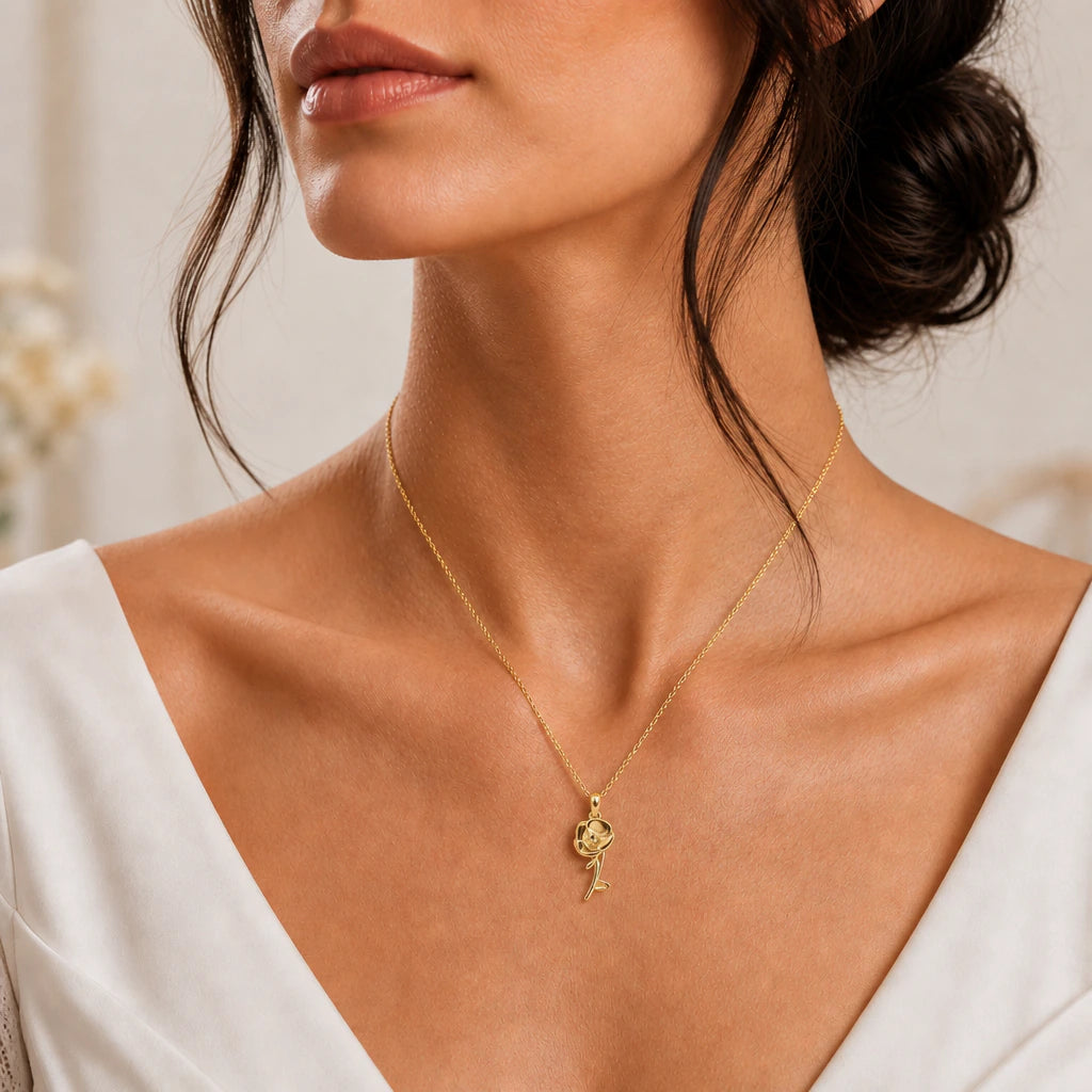 Poppy flower pendant necklace worn, close-up