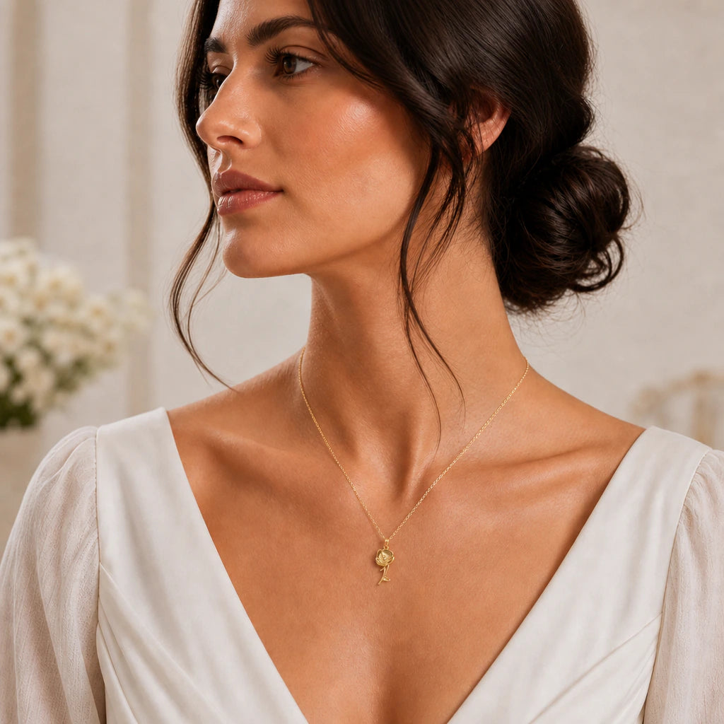 Poppy flower pendant necklace worn by a model