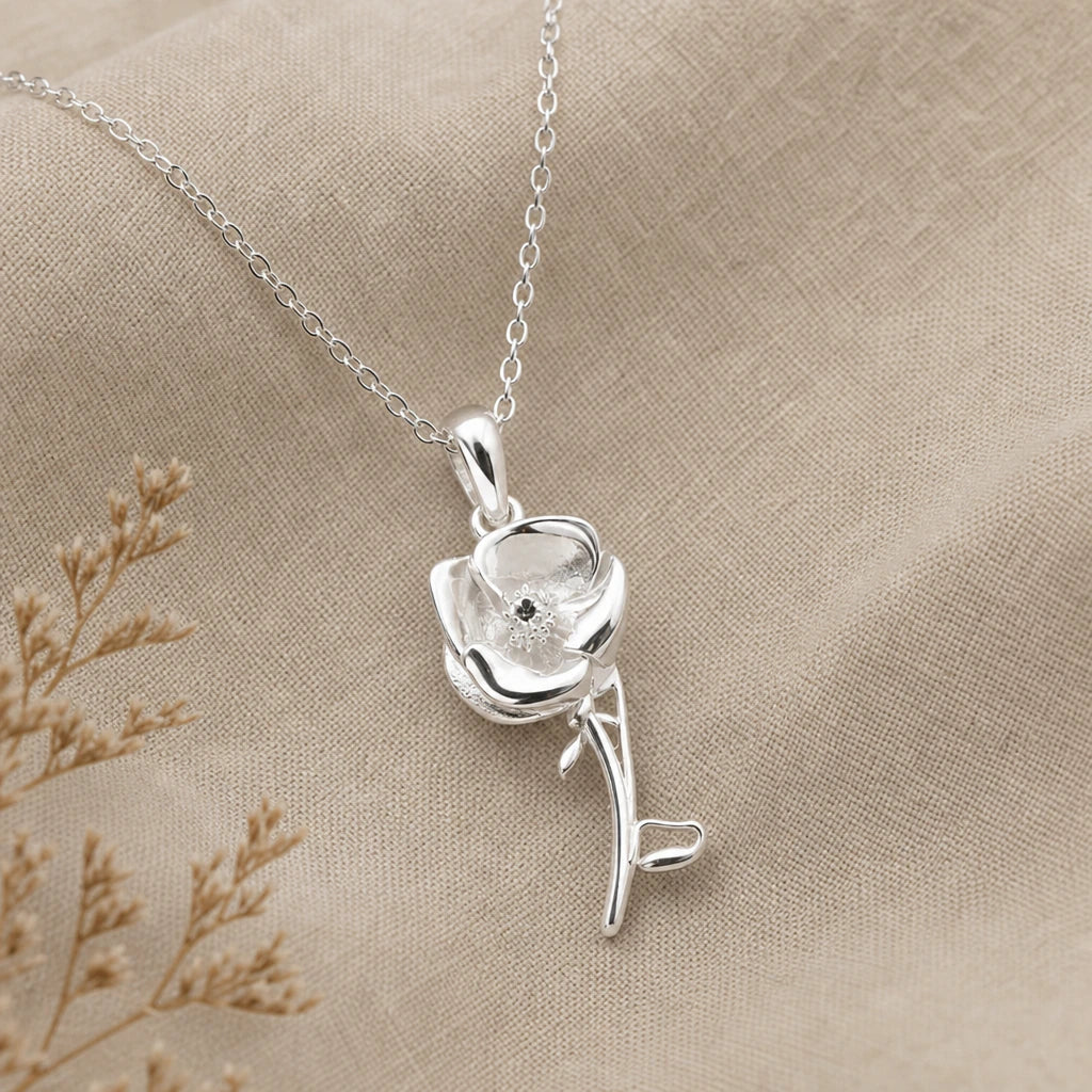 Poppy flower pendant necklace in 925 sterling silver
