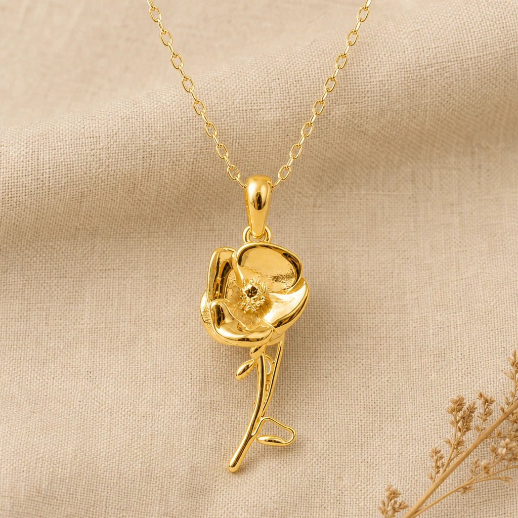 Poppy flower pendant necklace in 18k gold plated sterling silver