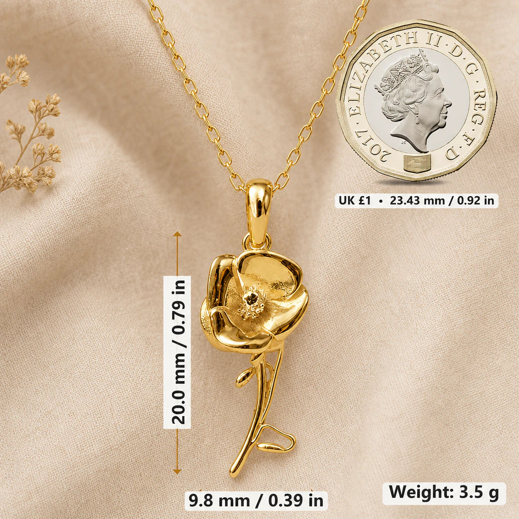 Poppy necklace size image showing 20 mm height, 9.8 mm width and 3.5 g weight beside a UK pound coin