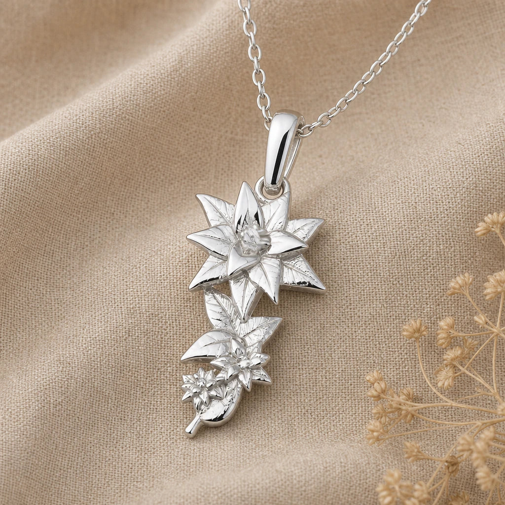 Cascading lily flower pendant necklace in 925 sterling silver