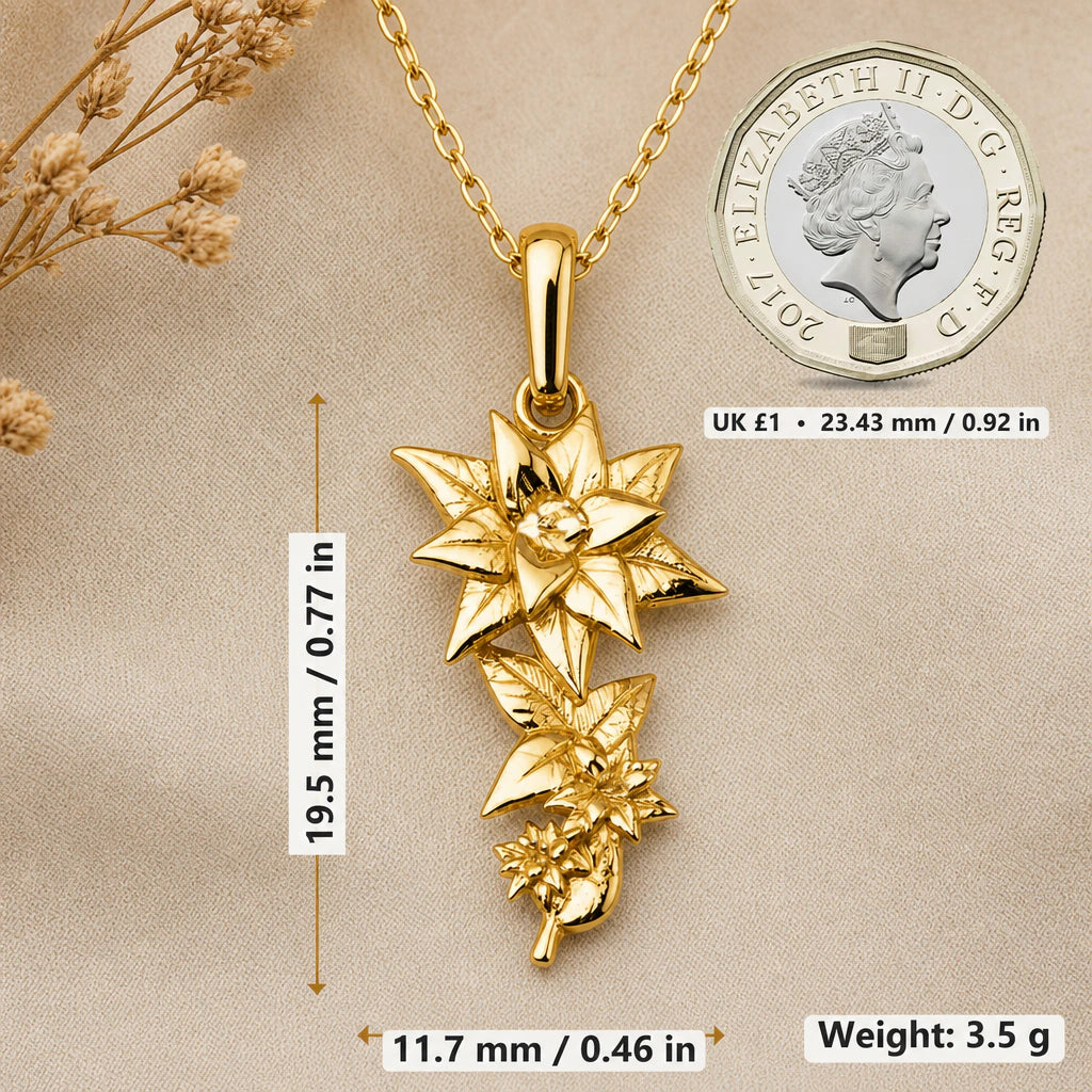 Cascading lily necklace size image showing 19.5 mm height, 11.7 mm width and 3.5 g weight beside a UK pound coin