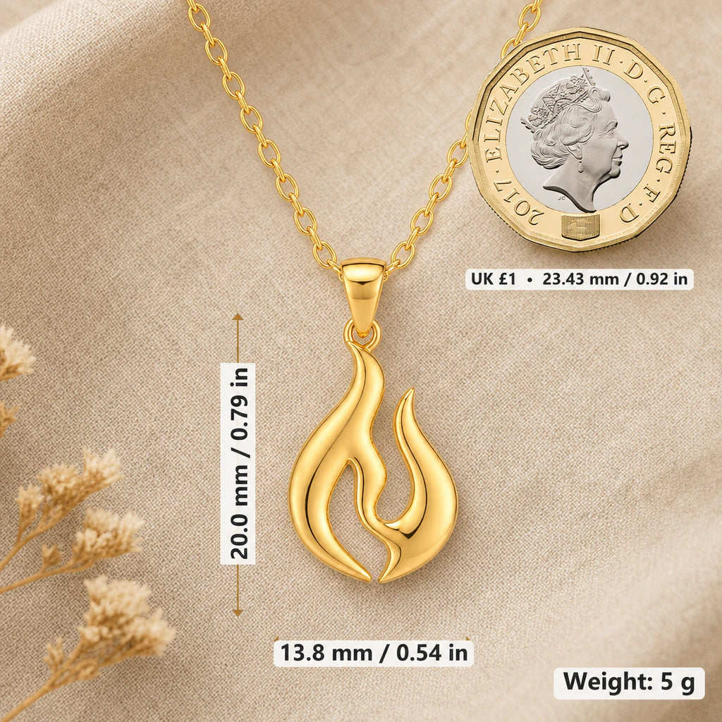Flame necklace size image showing 20 mm height, 13.8 mm width and 5 g weight beside a UK pound coin