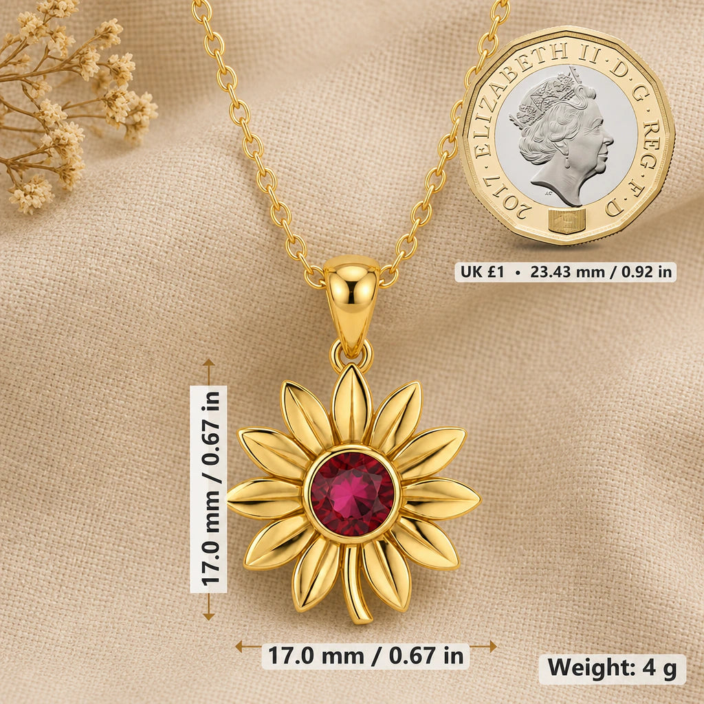 Sunflower birthstone necklace size image showing 17 mm height, 17 mm width and 4 g weight beside a UK pound coin