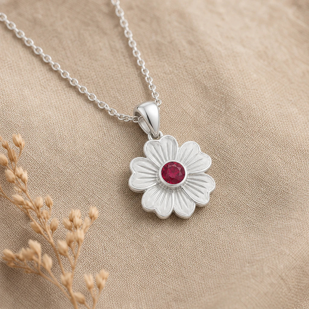 Stock flower birthstone pendant necklace in 925 sterling silver
