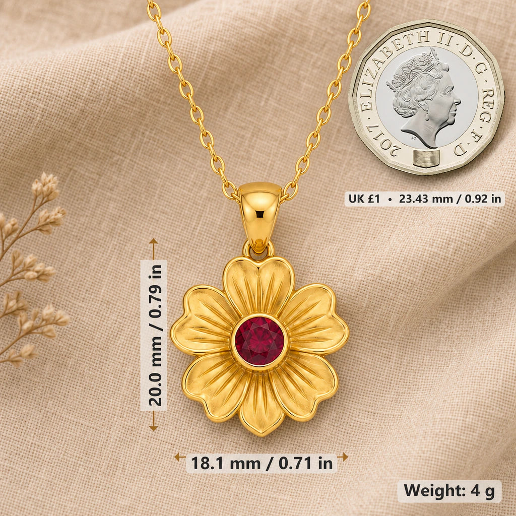 Stock flower birthstone necklace size image showing 20 mm height, 18.1 mm width and 4 g weight beside a UK pound coin