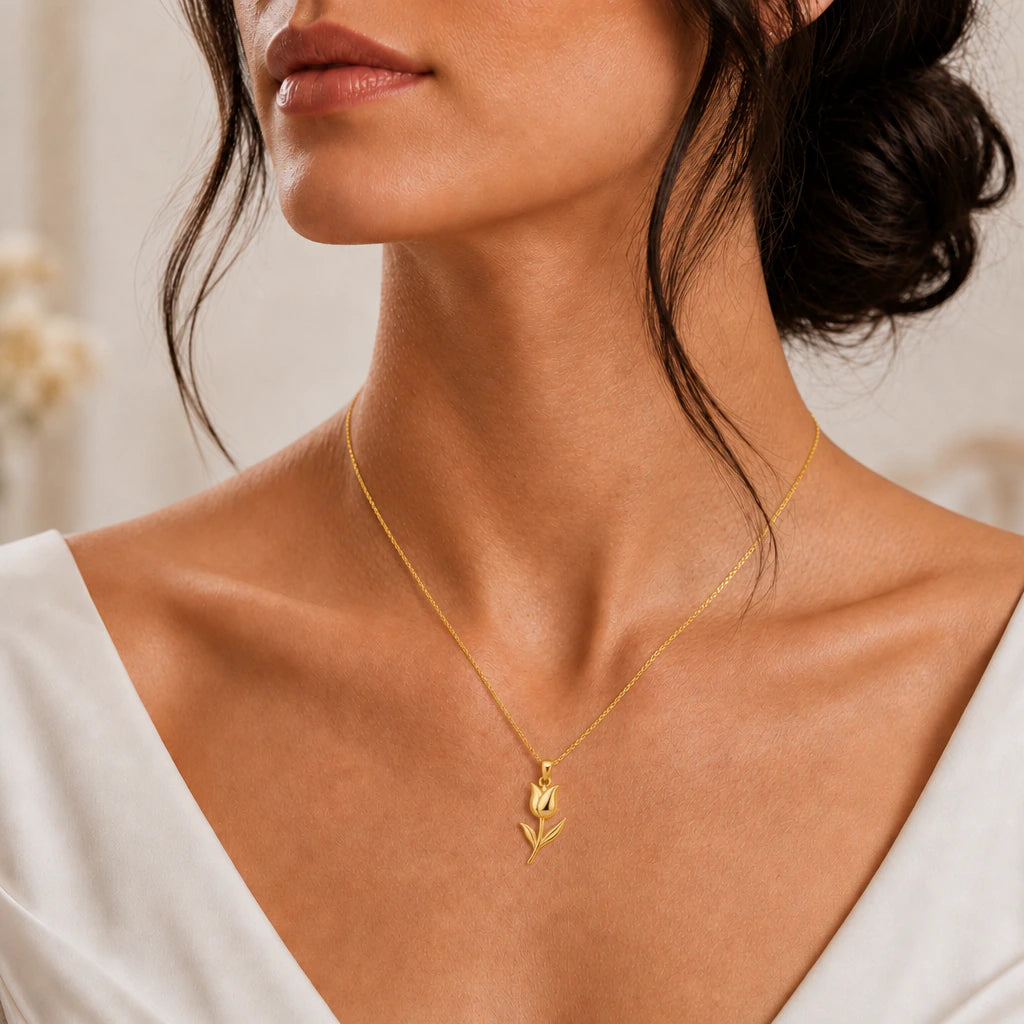 Tulip flower pendant necklace worn, close-up